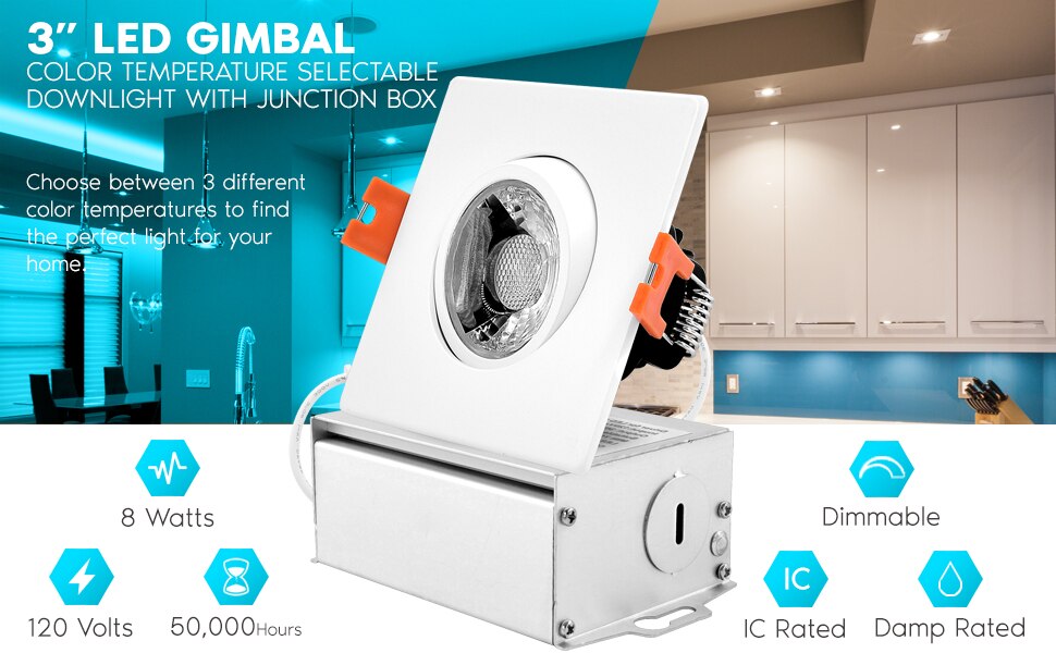 LUXRITE 3in Canless Recessed Light JBox 8W=50W 3 Color Selectable